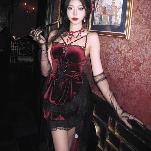 Victorian Goth Crimson Velvet Lace-Up Mini Dress