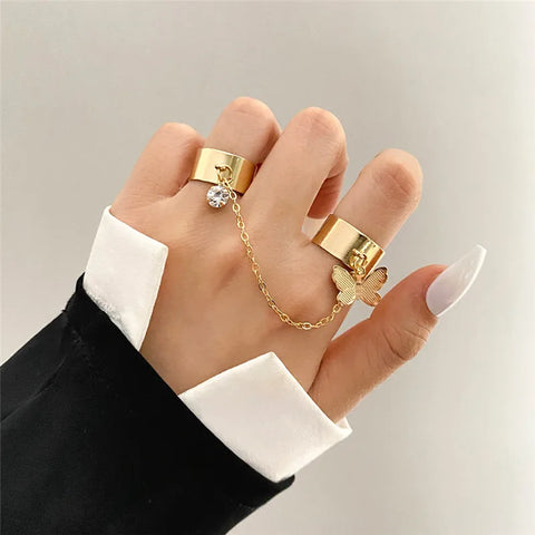 Goth Silver Chain Hand Harness Ring Set