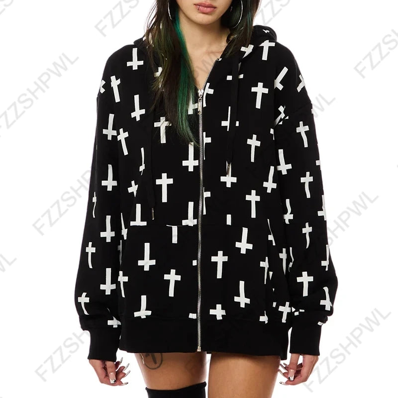 Nu Goth All-Over Cross Print Zip-Up Tshirt Hoodie