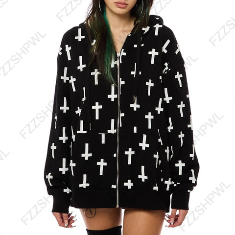 Nu Goth All-Over Cross Print Zip-Up Tshirt Hoodie