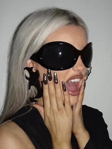 Cyber Goth Wraparound Oval Shield Sunglasses