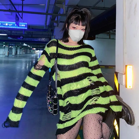 Goth Distressed Rainbow Stripe Oversized Sweater