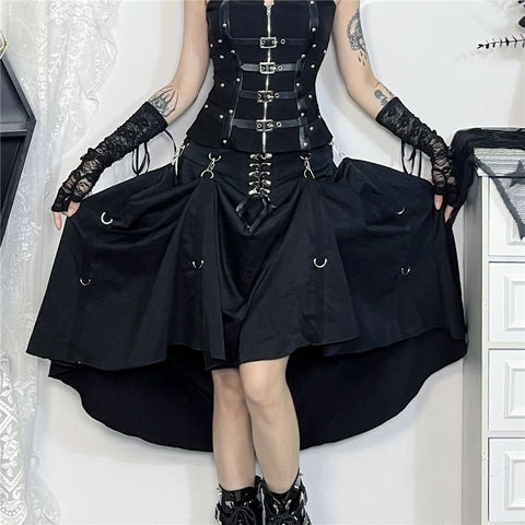 Goth Corset-Ring Midi Skirt with Detachable Ruffle Layer