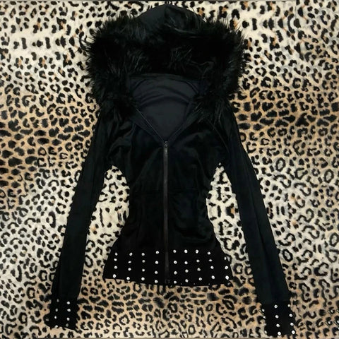 Mall Goth Faux-Fur Trim Zip Tshirt in Void Black