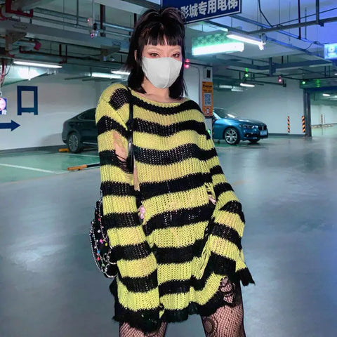 Goth Distressed Rainbow Stripe Oversized Sweater