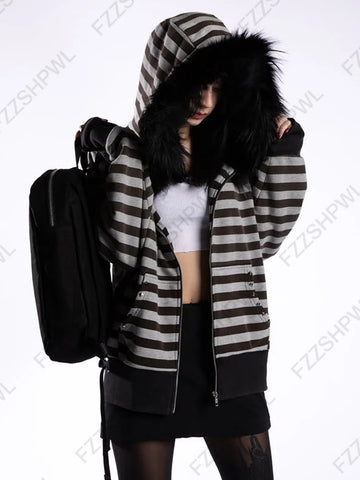 Goth Faux Fur Hood Striped Zip-Up Tshirt