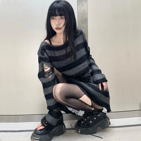 Goth Blue & Black Striped Hollow-Knit Top