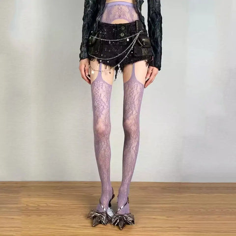 Victorian Goth Ivory Floral Lace Garter Leggings