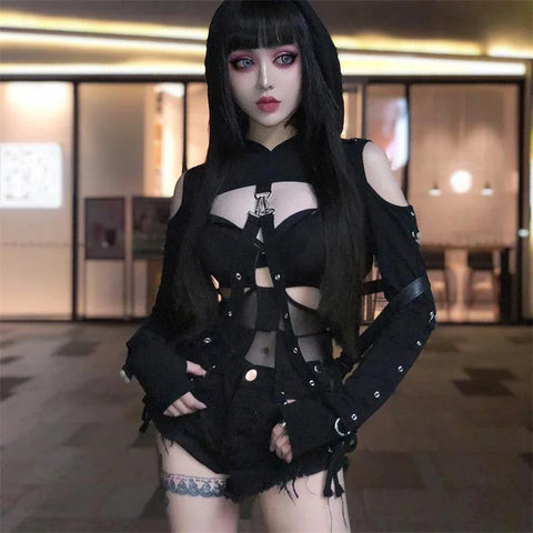 Cyber Goth Harness Cold Shoulder Crop Tshirt