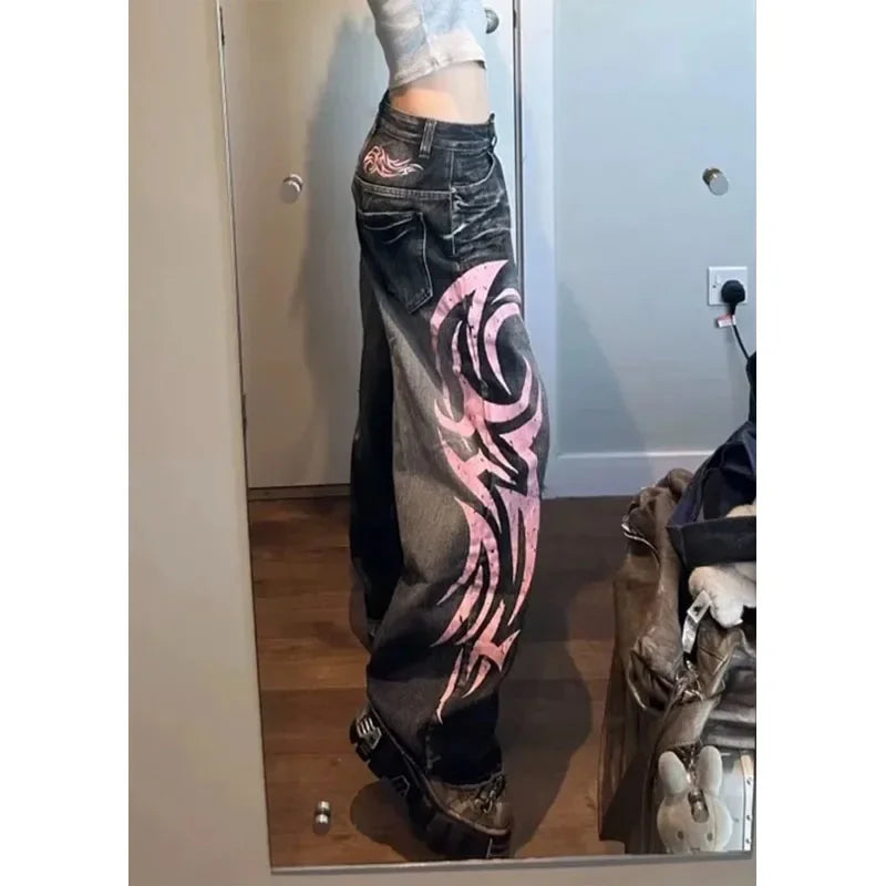 Goth Tribal Flame Wide-Leg Trousers in Washed Black & Pink