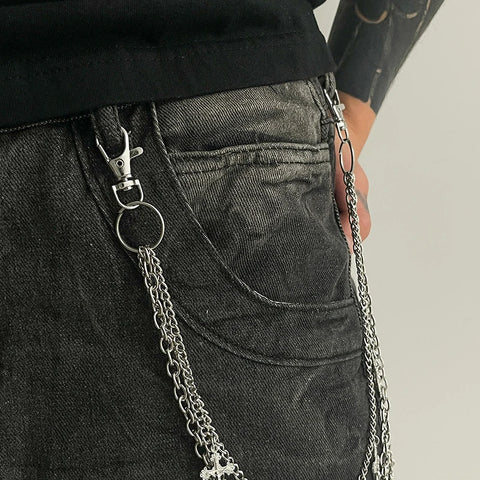 Mall Goth Triple Cross Chain Pants — Layered Silver Altar