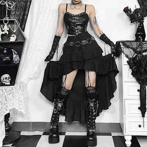 Mall Goth High-Low Tiered Ruffle Skirt in Midnight Black