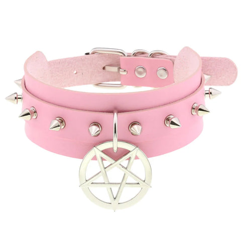 Pastel Goth Pink Leather O-Ring Choker Necklace Collection