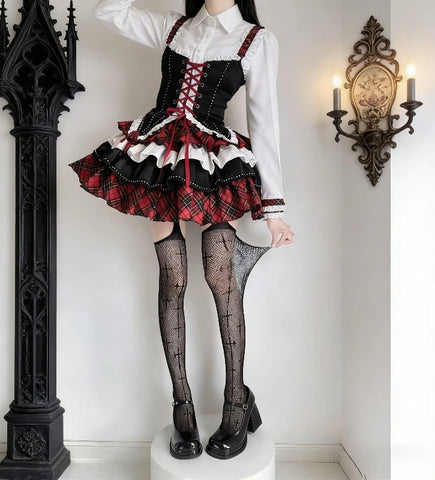 Nu Goth Cross Garter Mesh Overlay Outfit
