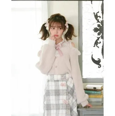 Pastel Goth Heartbreak Bloom Fuzzy Off-Shoulder Sweater