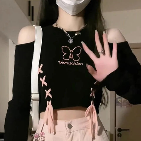 Pastel Goth Vernichten Butterfly Lace-Up Crop Sweater