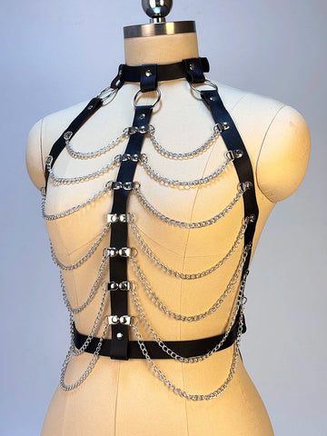Goth Cascading Chain & Leather Body Corset Harness