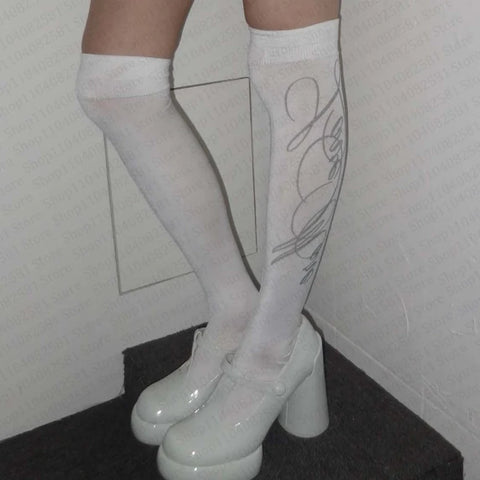 Nu Goth Script Tattoo Thigh-High Sock