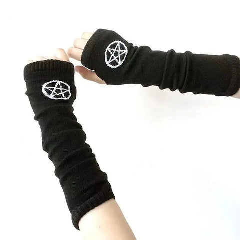 Goth Cross Knit Fingerless Arm Warmer Gloves