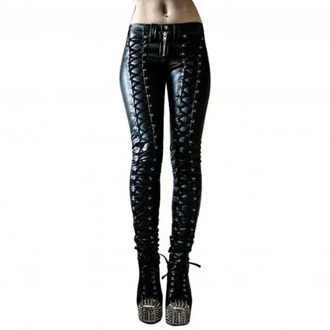 Goth Lace-Up Faux Leather Skinny Pants