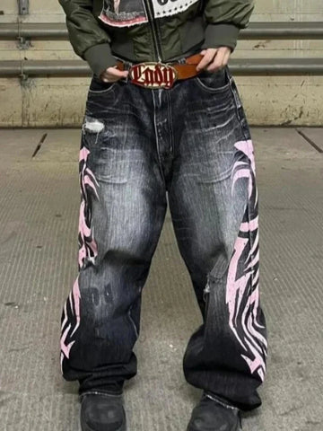 Goth Tribal Flame Wide-Leg Trousers in Washed Black & Pink