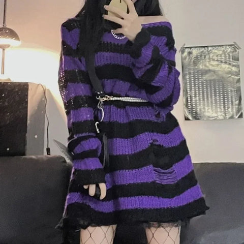 Goth Bloodline Stripe Hollow Knit Sweater
