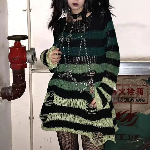 Goth Bloodline Stripe Hollow Knit Sweater