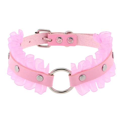 Pastel Goth Pink Leather O-Ring Choker Necklace Collection
