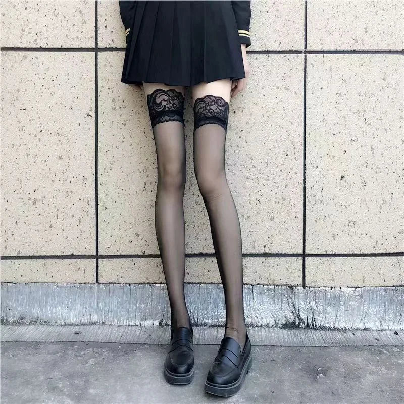 Goth Thigh-High Sheer Sock — Lace, Velvet Band & Crimson Edge