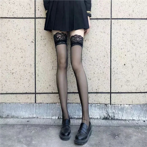 Goth Thigh-High Sheer Sock — Lace, Velvet Band & Crimson Edge