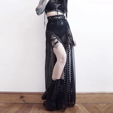 Goth Rivet Mesh Double-Split Maxi Skirt
