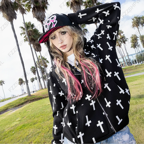 Nu Goth All-Over Cross Print Zip-Up Tshirt Hoodie