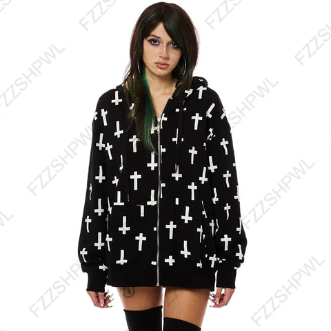 Nu Goth All-Over Cross Print Zip-Up Tshirt Hoodie