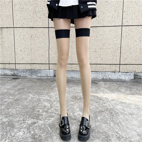 Goth Thigh-High Sheer Sock — Lace, Velvet Band & Crimson Edge