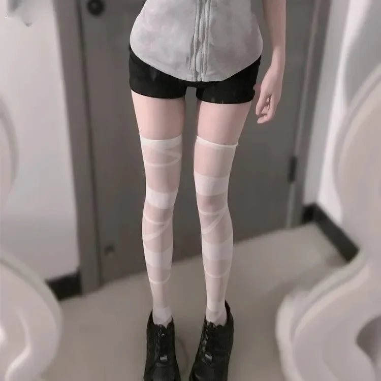 Goth Shredded Web Tights Sock — Black & White