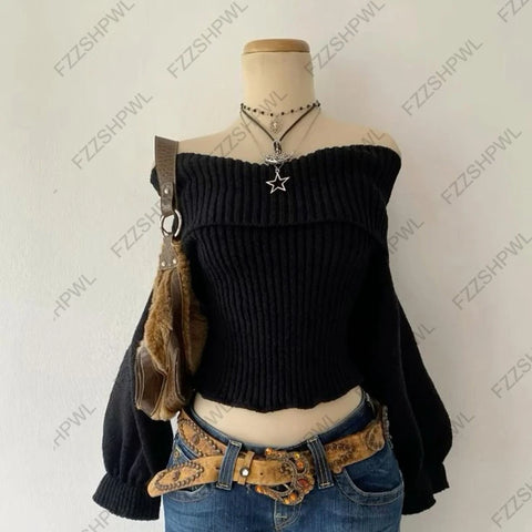 Goth Blood Stripe Off-Shoulder Knit Top