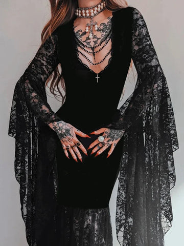 Victorian Goth Requiem Lace Sleeve Maxi Dress