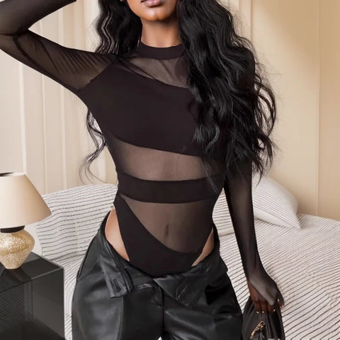 Cyber Goth Mesh Panel Slash Bodysuit Suit