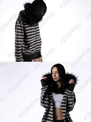 Goth Faux Fur Hood Striped Zip-Up Tshirt