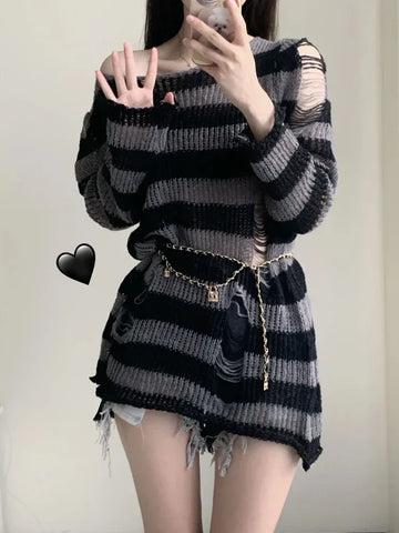Goth Distressed Rainbow Stripe Oversized Sweater
