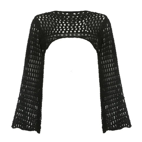 Goth Open-Weave Cropped Mesh Blouse with Flared Sleeves