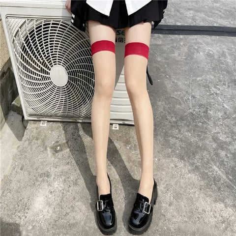 Goth Thigh-High Sheer Sock — Lace, Velvet Band & Crimson Edge