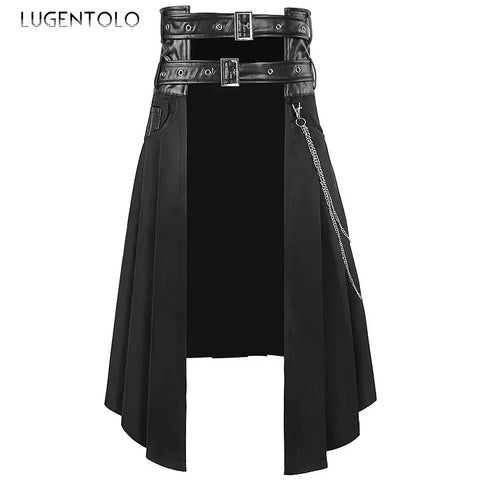 Goth Dual-Belt Asymmetric Chain Pleated Skirt