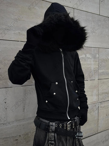 Mall Goth Faux-Fur Trim Zip Tshirt in Void Black