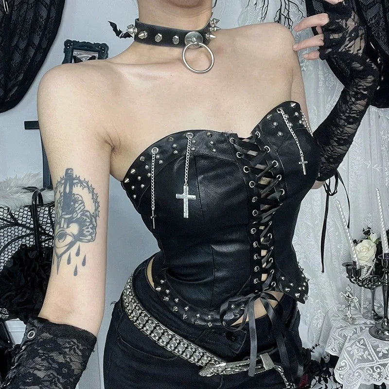 Goth Studded Lace-Up Faux Leather Corset Top