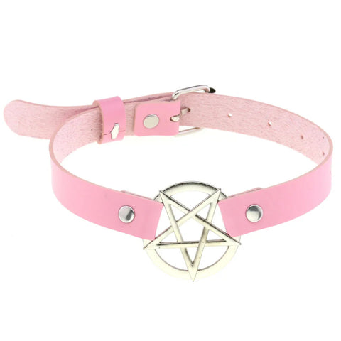 Pastel Goth Pink Leather O-Ring Choker Necklace Collection