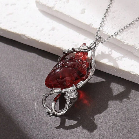 Goth Thorn-Wrapped Anatomical Heart Necklace