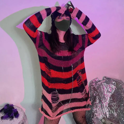 Goth Blue & Black Striped Hollow-Knit Top