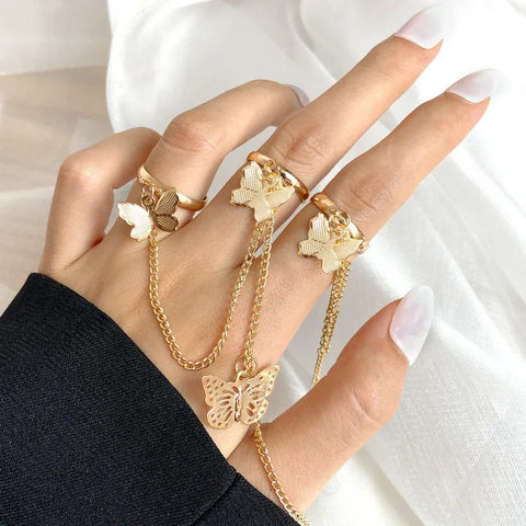 Goth Silver Chain Hand Harness Ring Set