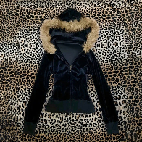 Mall Goth Faux-Fur Trim Zip Tshirt in Void Black